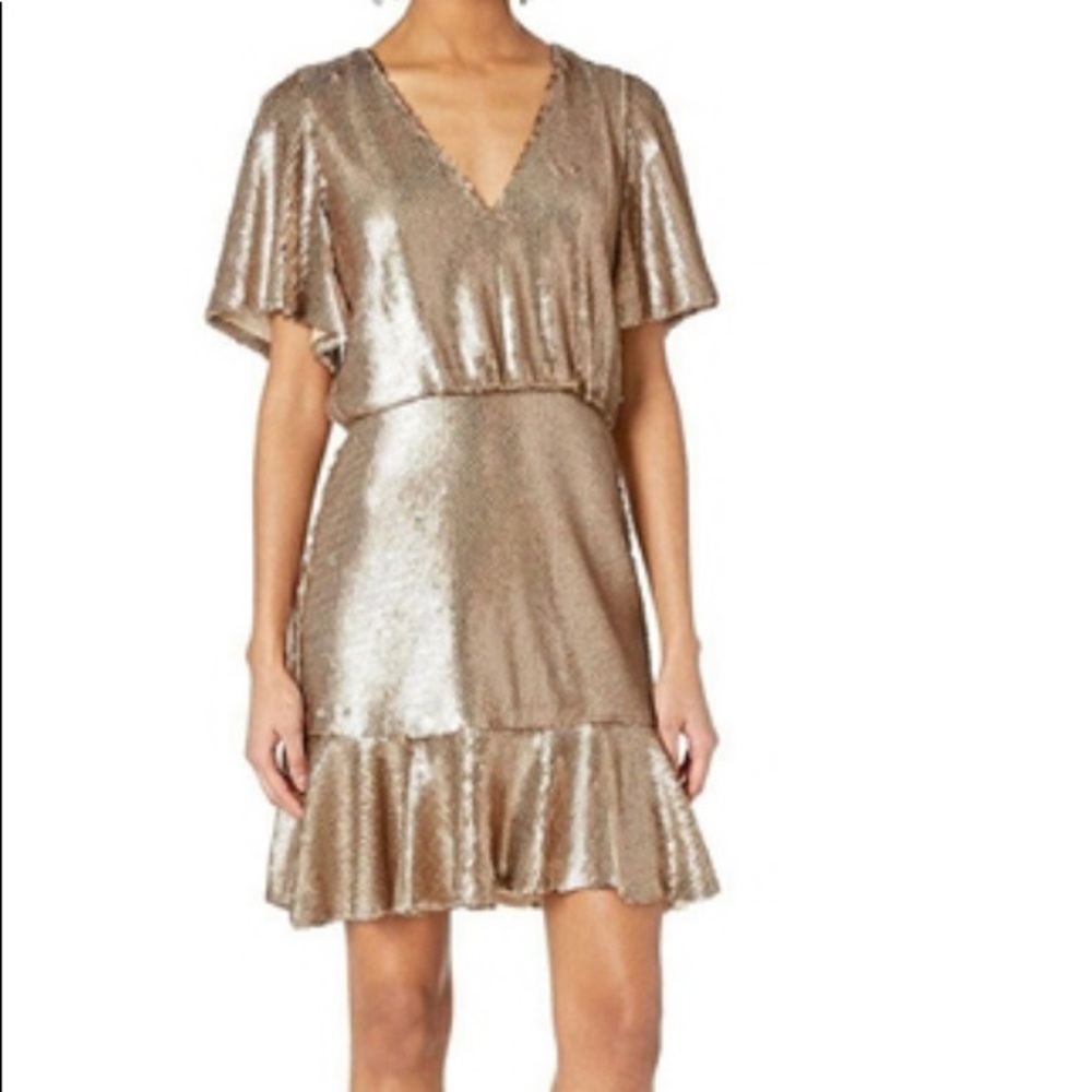 Monique Lhuillier Ruffle Hem Short Sleeve Dress